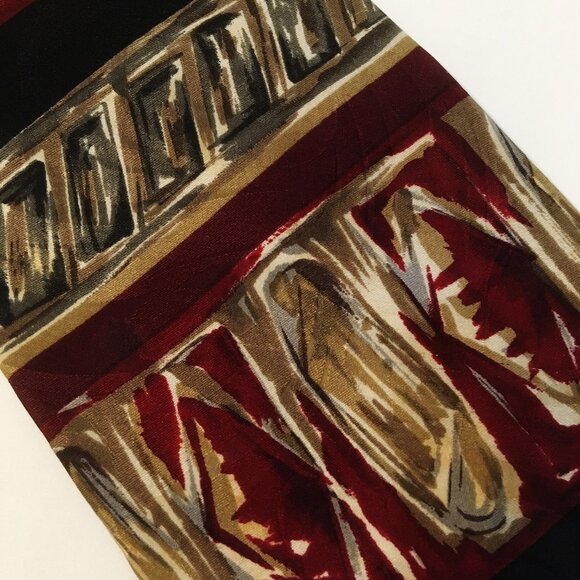 We Care Neck Tie 100% Silk Geometric Abstract Men's Burgundy Green Gold Black - Picture 4 of 7